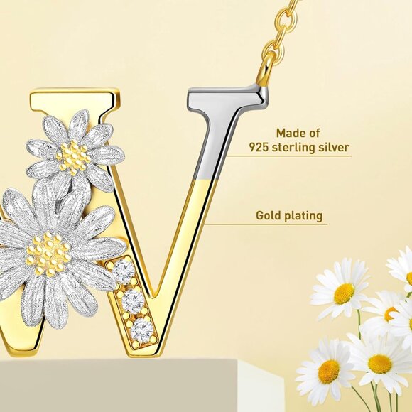 Gold Sterling Silver Initial Necklace for Women with Daisies & Zirconia, Adjusta - Picture 3 of 6